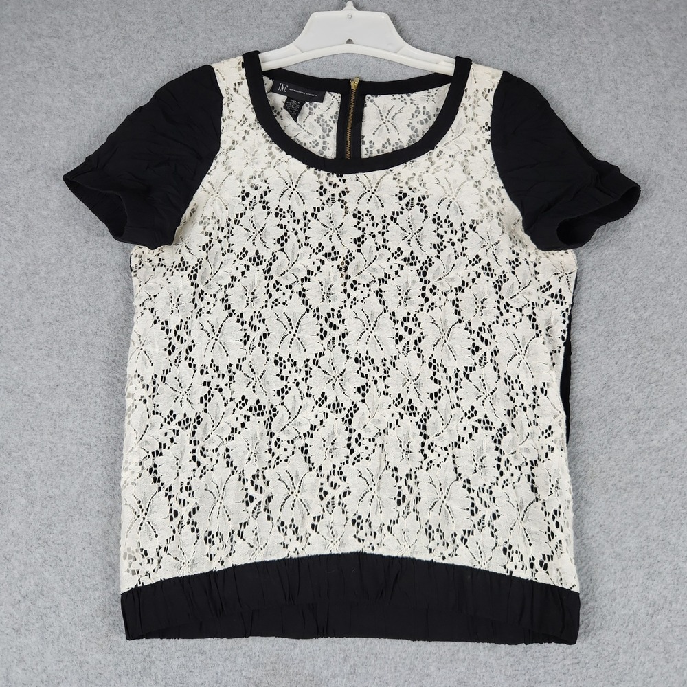 INC International Concepts Blouse Womens Small Black White Floral Lace Back Zip
